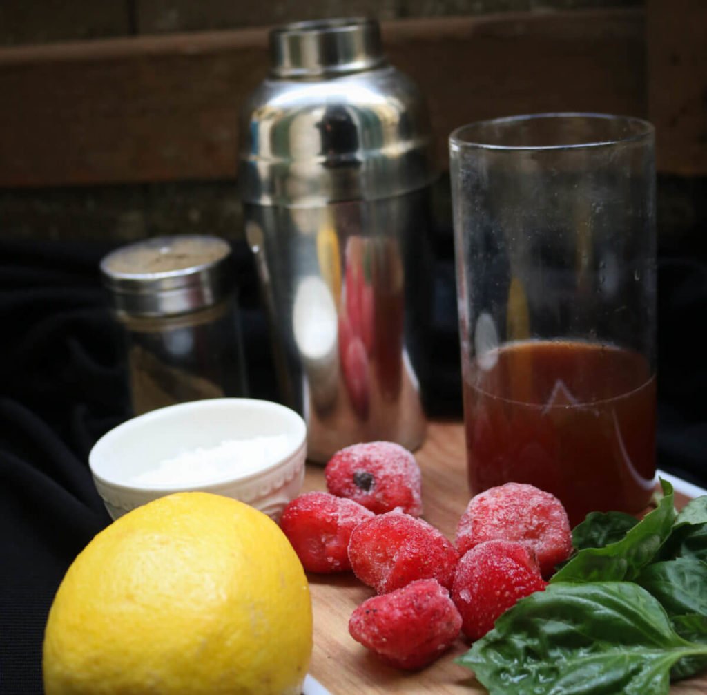 How to make keto strawberry basil bourbon crash cocktail step 1